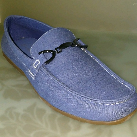 Men's Denim/Tan Casual Shoes w/Pewter Buckle - Picture 1 of 4